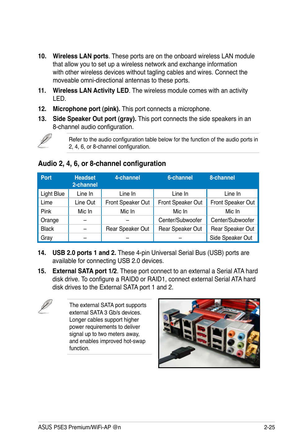 Audio 2, 4, 6, or 8-channel configuration | Asus P5E3 Premium/WiFi-AP@n User Manual | Page 51 / 198