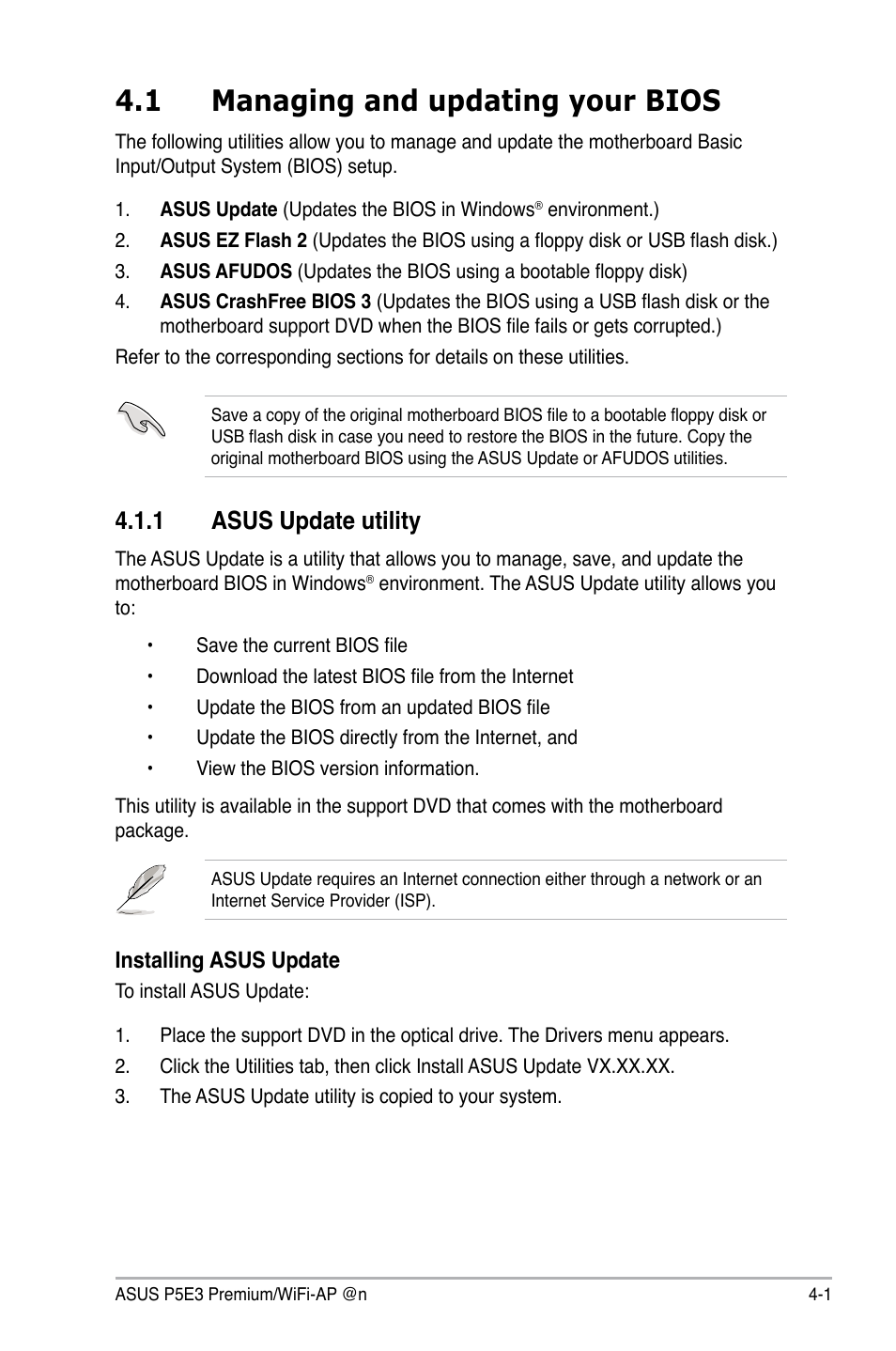 1 managing and updating your bios, 1 asus update utility | Asus P5E3 Premium/WiFi-AP@n User Manual | Page 73 / 198