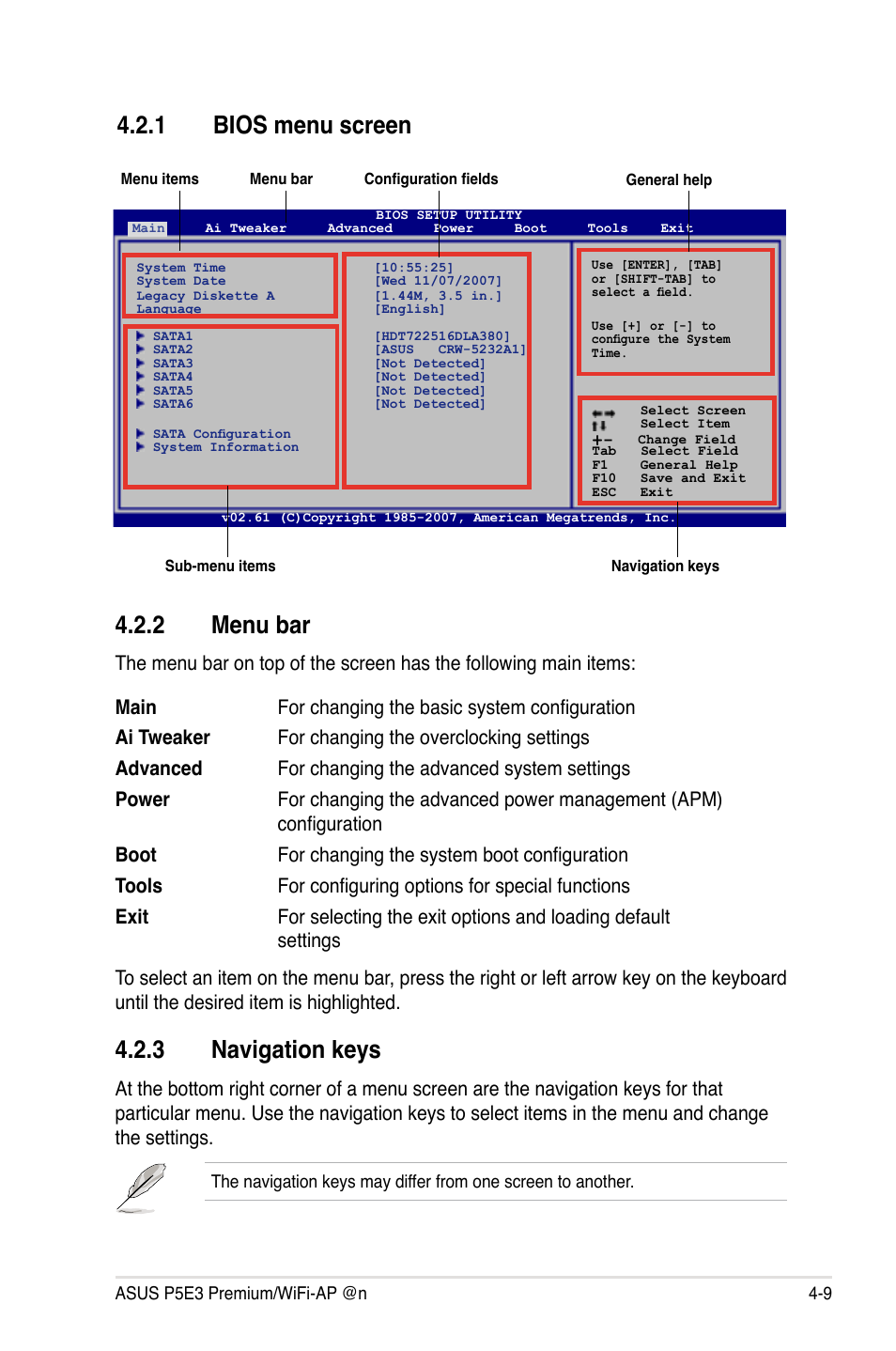 2 menu bar, 3 navigation keys, 1 bios menu screen | Asus P5E3 Premium/WiFi-AP@n User Manual | Page 81 / 198