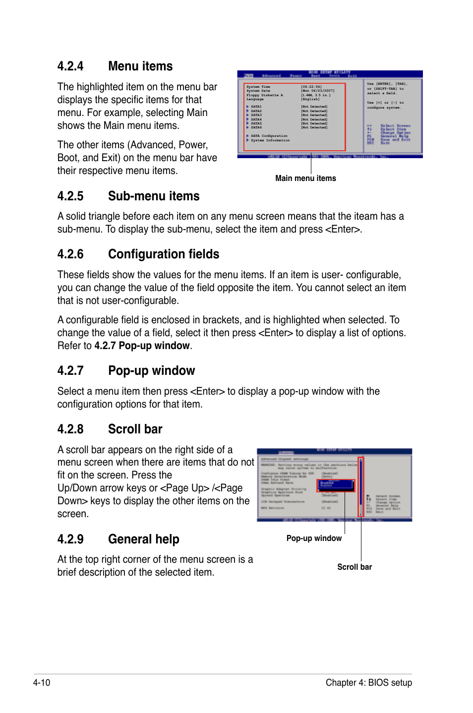 4 menu items, 5 sub-menu items, 6 configuration fields | 7 pop-up window, 8 scroll bar, 9 general help | Asus P5E3 Premium/WiFi-AP@n User Manual | Page 82 / 198