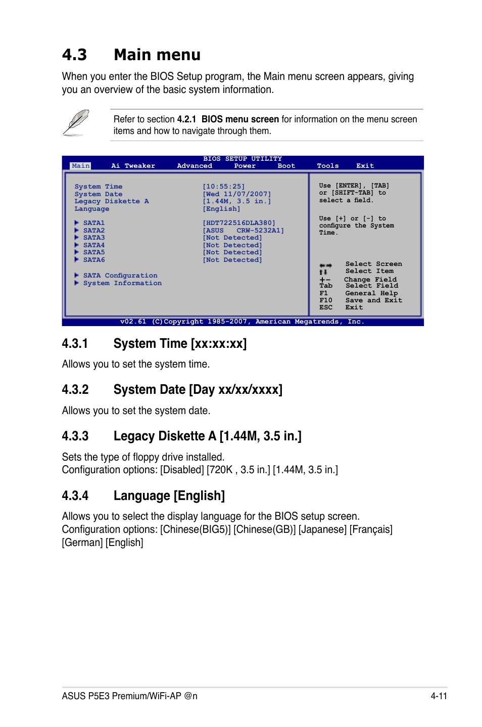 3 main menu, 1 system time [xx:xx:xx, 4 language [english | Allows you to set the system time, Allows you to set the system date | Asus P5E3 Premium/WiFi-AP@n User Manual | Page 83 / 198