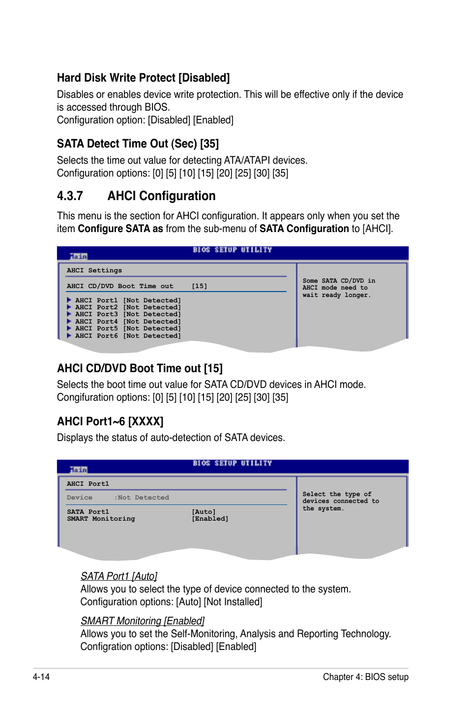 7 ahci configuration, Hard disk write protect [disabled, Sata detect time out (sec) [35 | Ahci cd/dvd boot time out [15 | Asus P5E3 Premium/WiFi-AP@n User Manual | Page 86 / 198