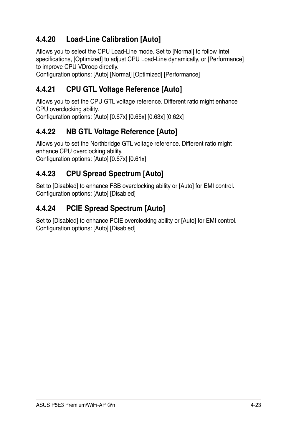 20 load-line calibration [auto, 21 cpu gtl voltage reference [auto, 22 nb gtl voltage reference [auto | 23 cpu spread spectrum [auto, 24 pcie spread spectrum [auto | Asus P5E3 Premium/WiFi-AP@n User Manual | Page 95 / 198