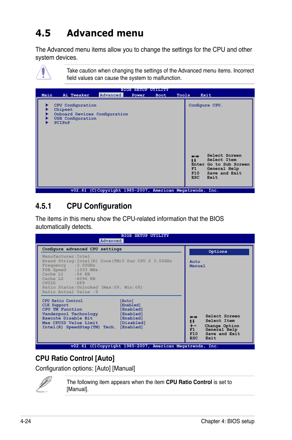 5 advanced menu, 1 cpu configuration, Cpu ratio control [auto | Configuration options: [auto] [manual | Asus P5E3 Premium/WiFi-AP@n User Manual | Page 96 / 198