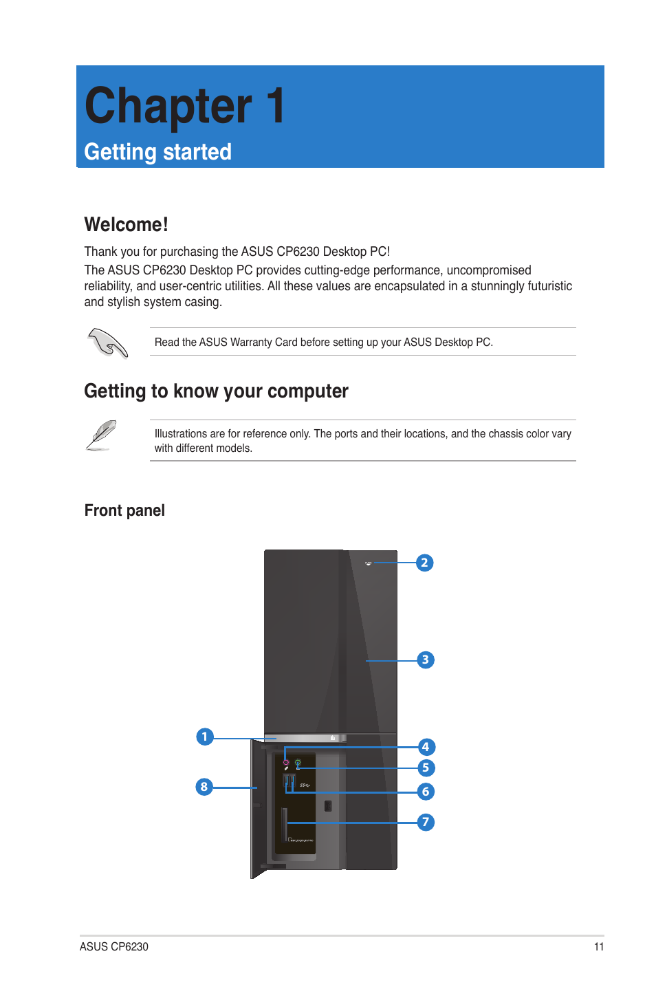 Chapter 1: getting started, Welcome, Getting to know your computer | Getting started, Welcome! getting to know your computer, Chapter 1 | Asus CP6230 User Manual | Page 11 / 70