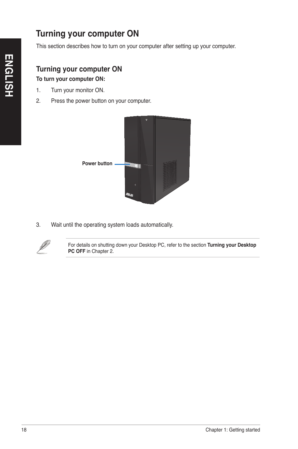 Turning your computer on, En gl is h en gl is h | Asus CP6230 User Manual | Page 18 / 70