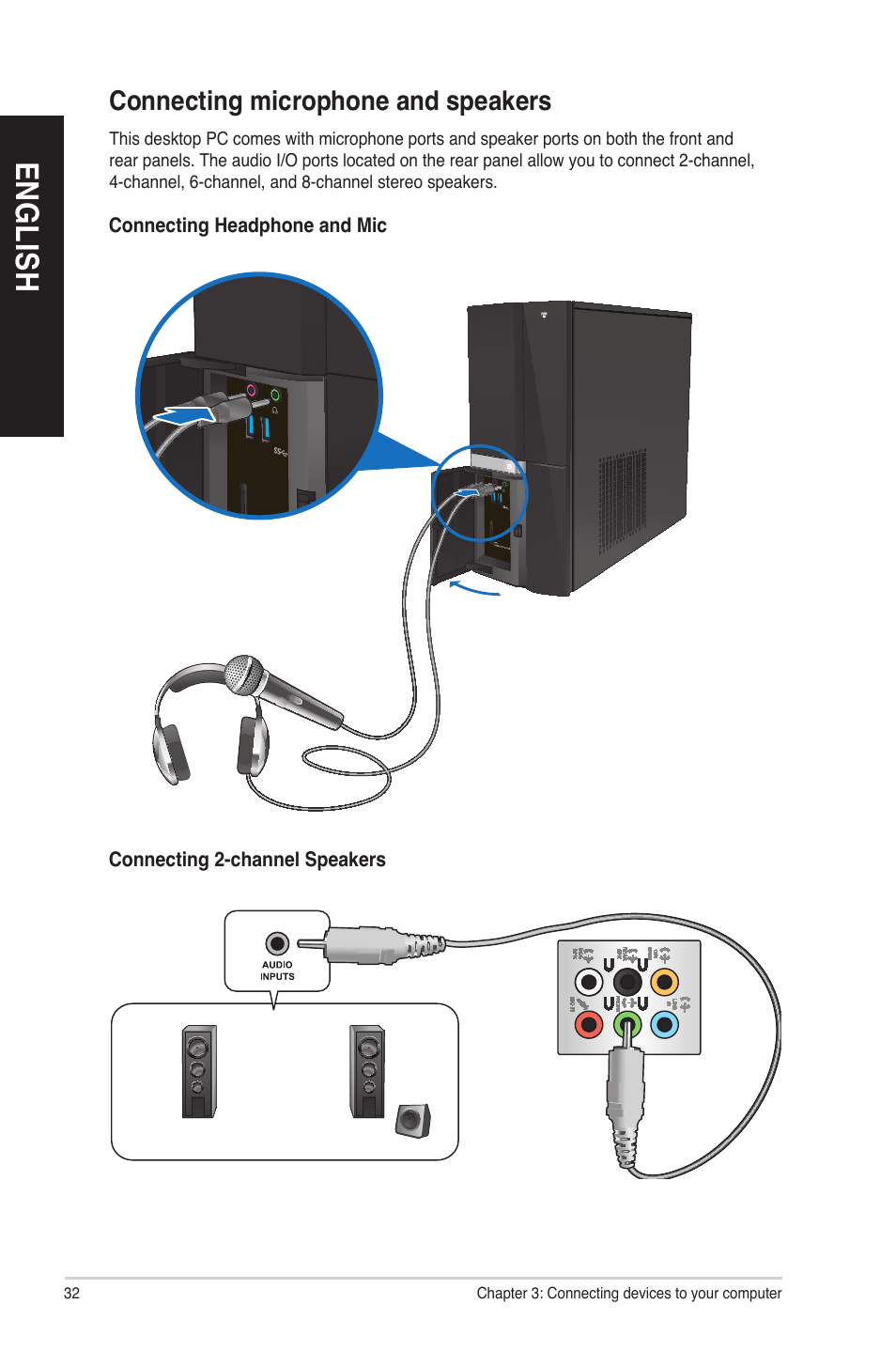 Connecting microphone and speakers, En gl is h en gl is h en gl is h en gl is h | Asus CP6230 User Manual | Page 32 / 70