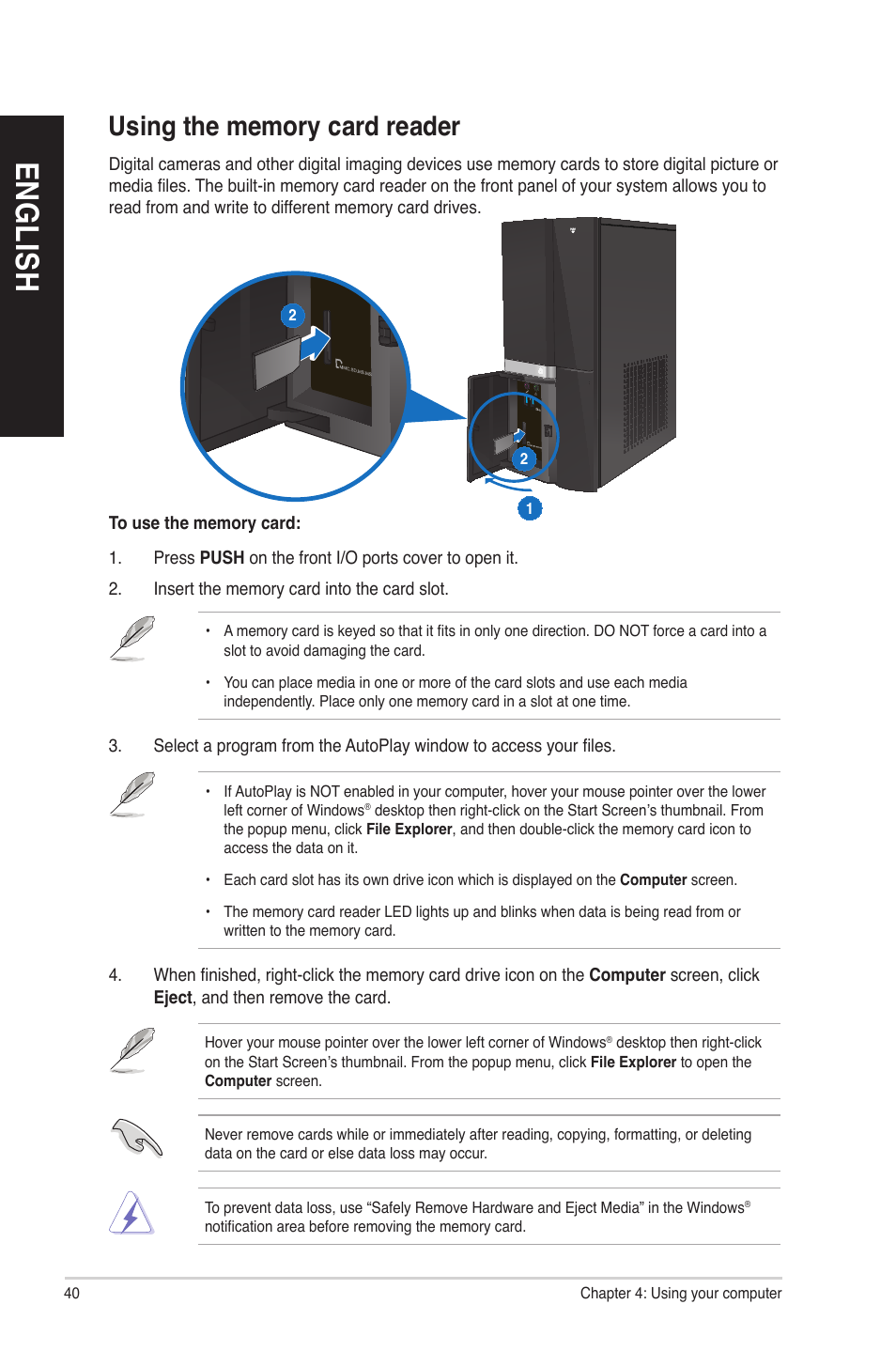 Using the memory card reader, En gl is h en gl is h en gl is h en gl is h | Asus CP6230 User Manual | Page 40 / 70