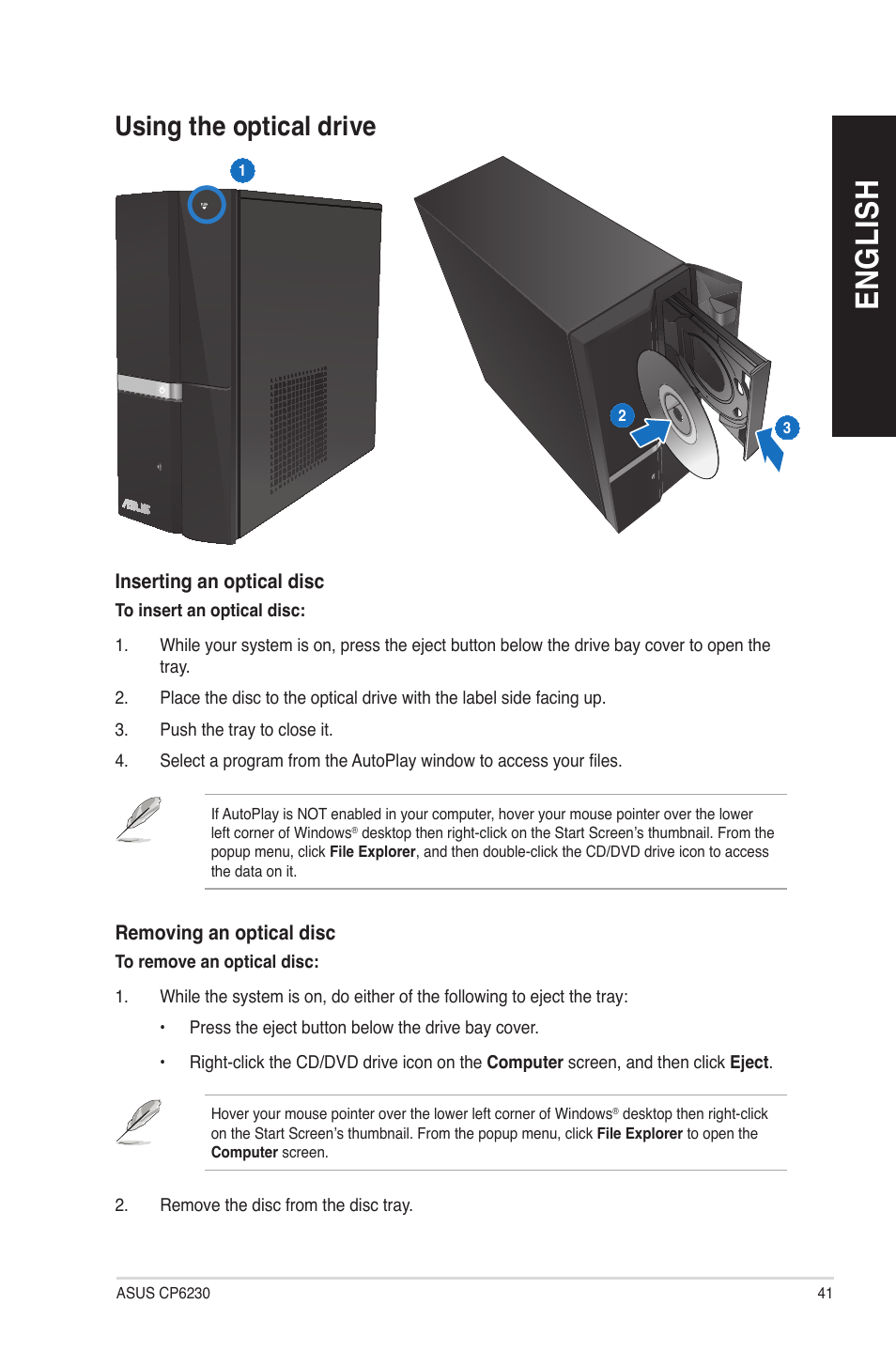 Using the optical drive, En gl is h en gl is h | Asus CP6230 User Manual | Page 41 / 70