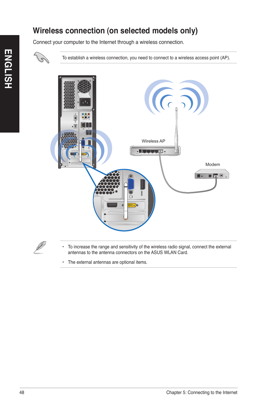 Wireless connection (on selected models only), En gl is h en gl is h en gl is h en gl is h | Asus CP6230 User Manual | Page 48 / 70