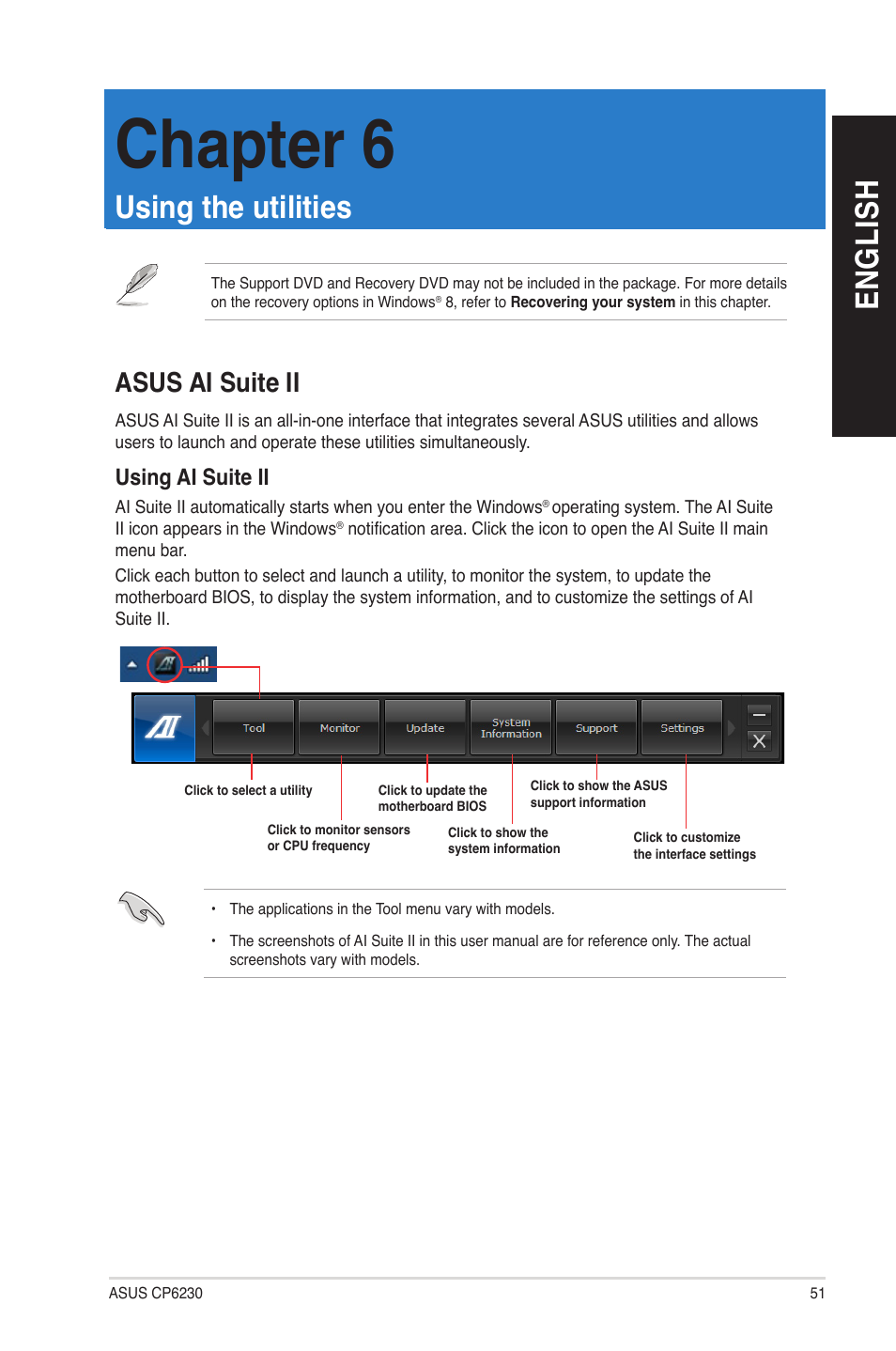 Chapter 6: using the utilities, Asus ai suite ii, Using the utilities | Chapter 6, En gl is h en gl is h | Asus CP6230 User Manual | Page 51 / 70