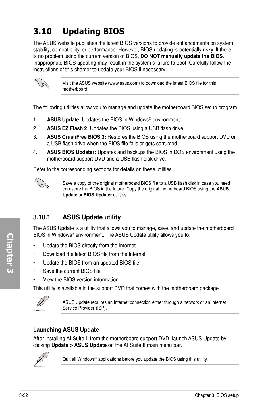 10 updating bios, 1 asus update utility, Updating bios -32 3.10.1 | Asus update utility -32, Chapter 3 3.10 updating bios | Asus P8Z68 DELUXE User Manual | Page 100 / 146