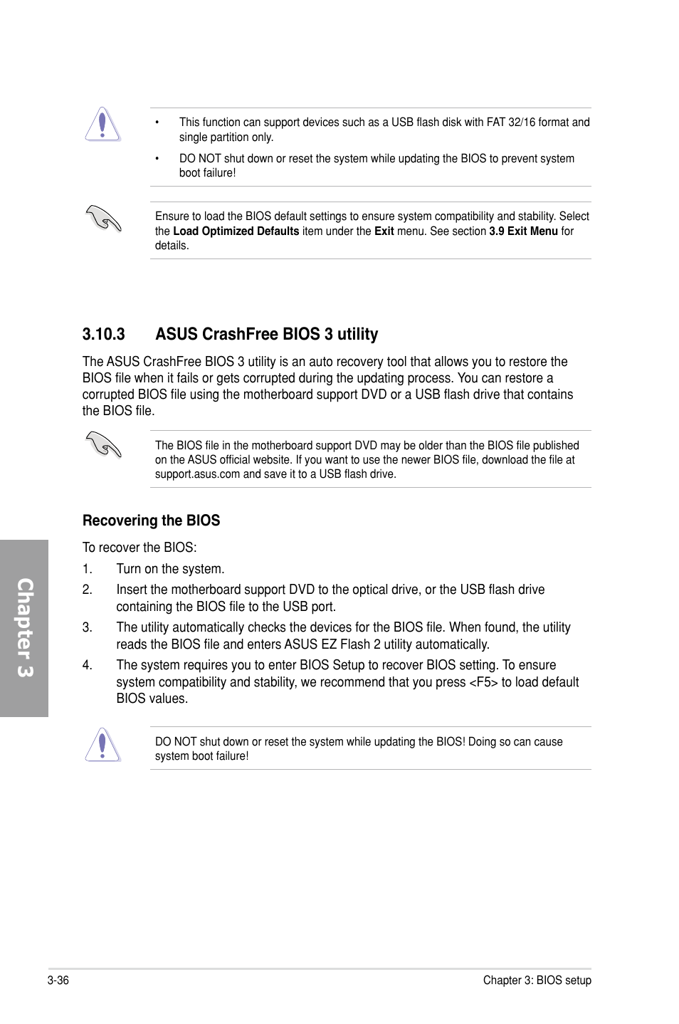 3 asus crashfree bios 3 utility, Asus crashfree bios 3 utility -36, Chapter 3 | Asus P8Z68 DELUXE User Manual | Page 104 / 146