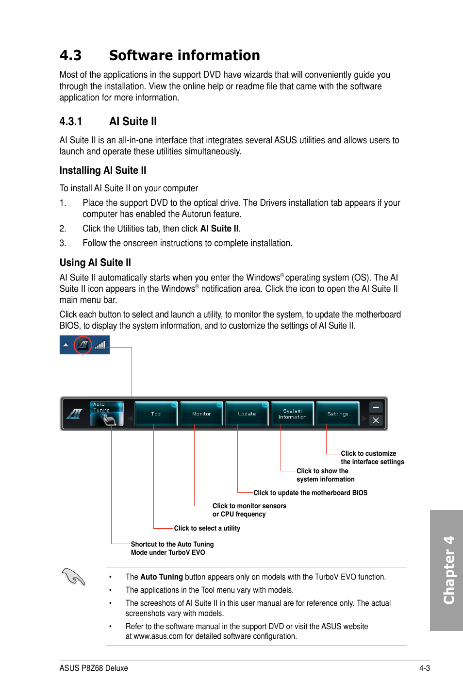 3 software information, 1 ai suite ii, Software information -3 4.3.1 | Ai suite ii -3, Chapter 4 4.3 software information | Asus P8Z68 DELUXE User Manual | Page 111 / 146