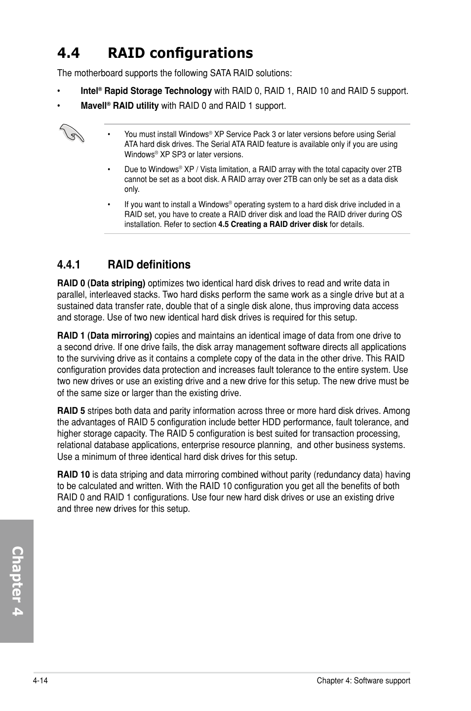 4 raid configurations, 1 raid definitions, Raid configurations -14 4.4.1 | Raid definitions -14, Chapter 4 4.4 raid configurations | Asus P8Z68 DELUXE User Manual | Page 122 / 146