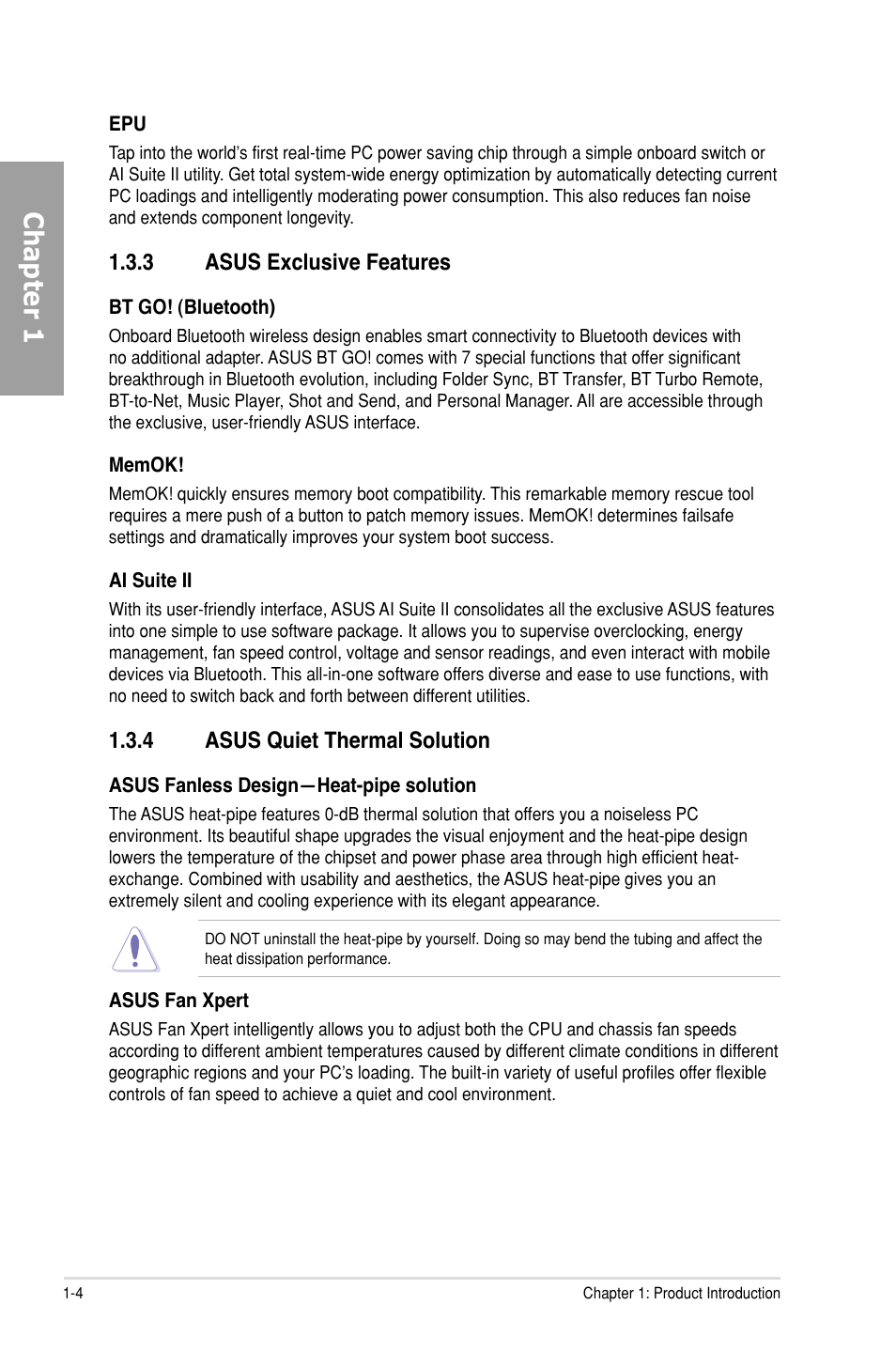 3 asus exclusive features, 4 asus quiet thermal solution, Asus exclusive features -4 | Asus quiet thermal solution -4, Chapter 1 | Asus P8Z68 DELUXE User Manual | Page 16 / 146