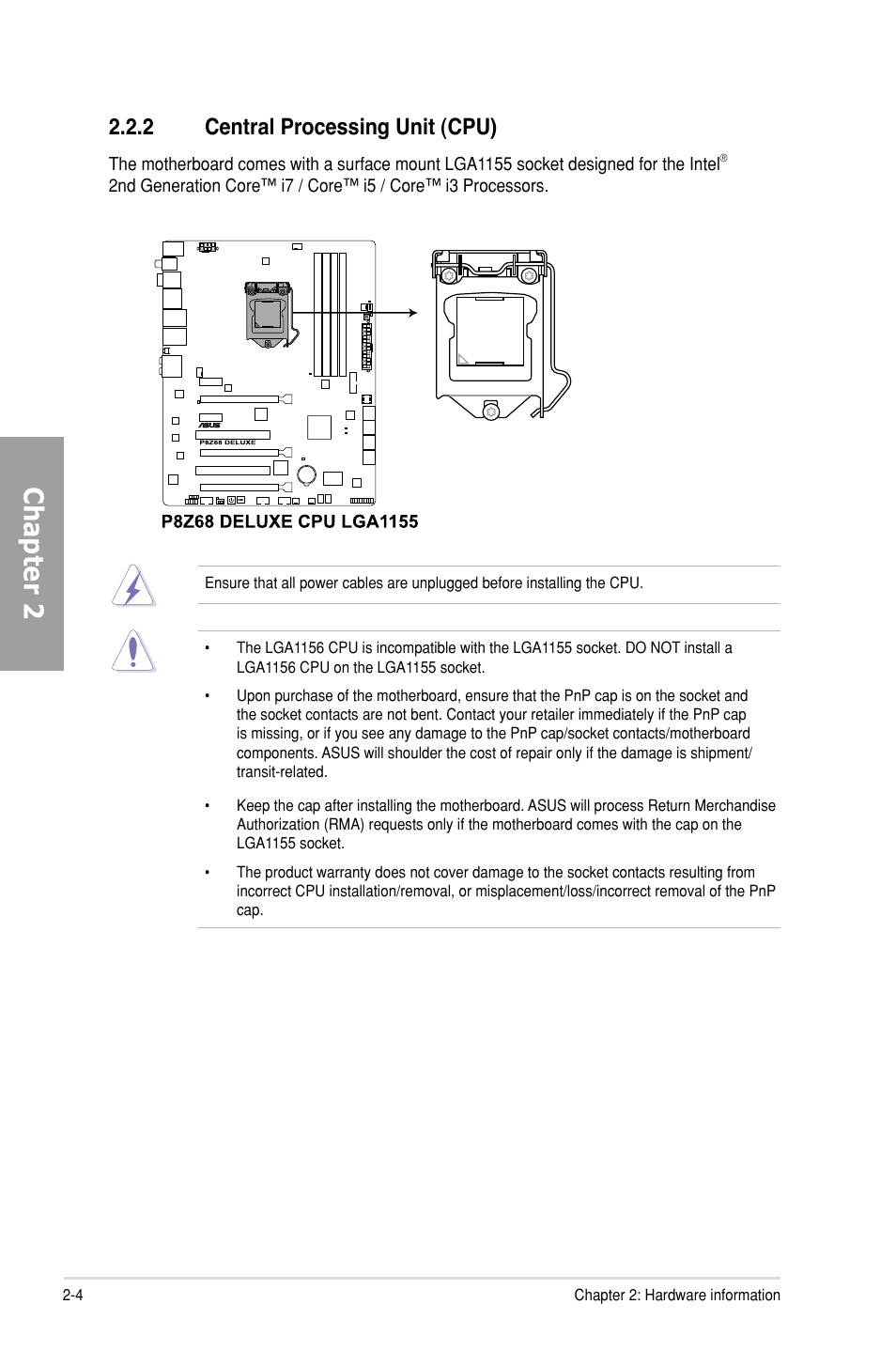 2 central processing unit (cpu), Central processing unit (cpu) -4, Chapter 2 | Asus P8Z68 DELUXE User Manual | Page 22 / 146