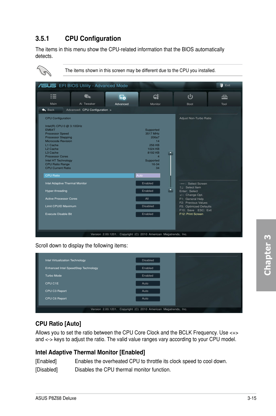 1 cpu configuration, Cpu configuration -15, Chapter 3 | Cpu ratio [auto, Intel adaptive thermal monitor [enabled, Scroll down to display the following items, Efi bios utility - advanced mode | Asus P8Z68 DELUXE User Manual | Page 83 / 146