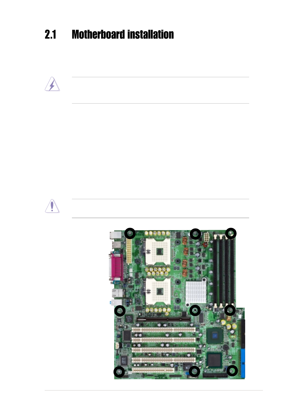 1 motherboard installation, 1 placement direction, 2 screw holes | Asus AW1500-I5 User Manual | Page 27 / 116