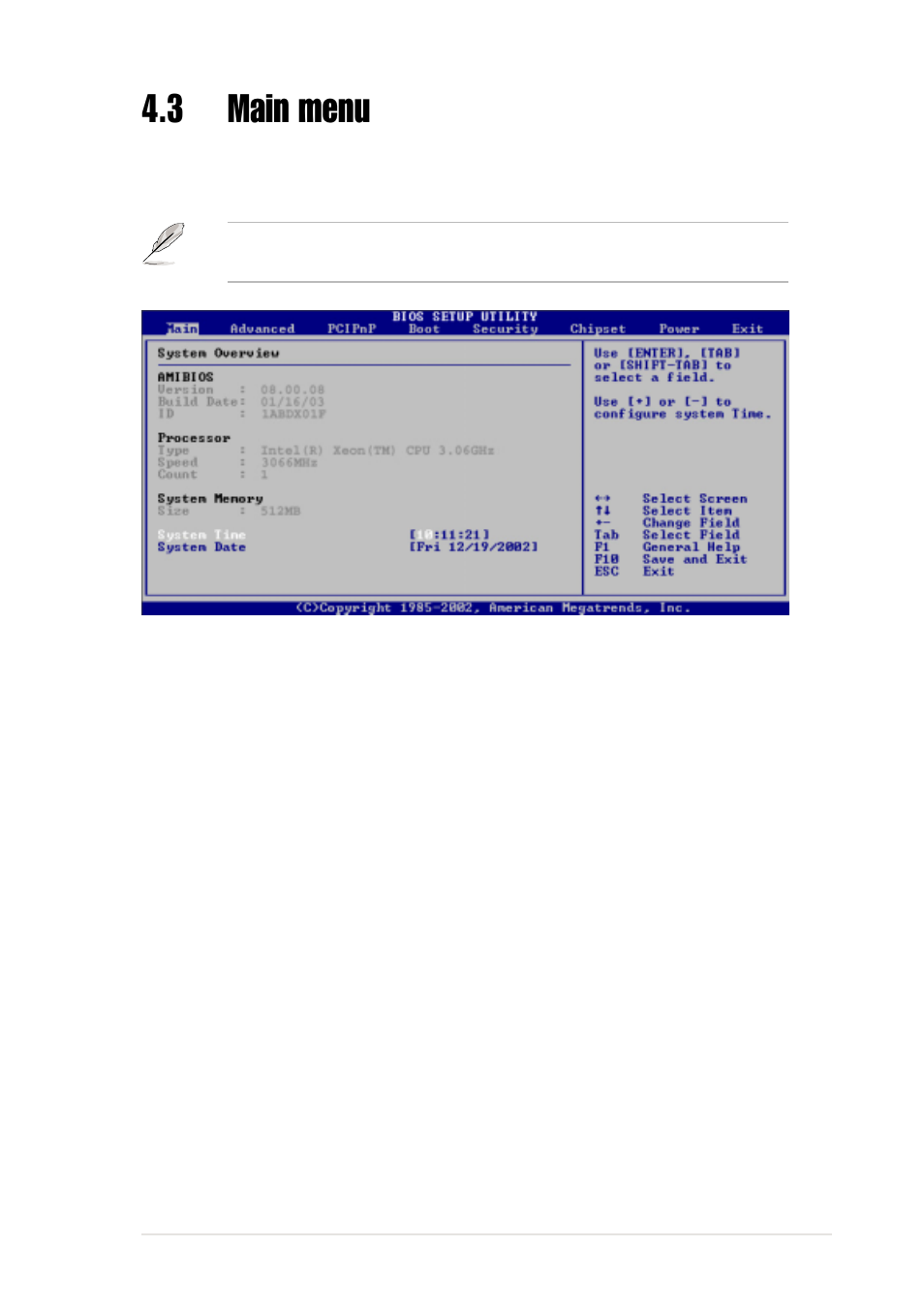 3 main menu, 1 ami bios, 2 processor | Asus AW1500-I5 User Manual | Page 63 / 116