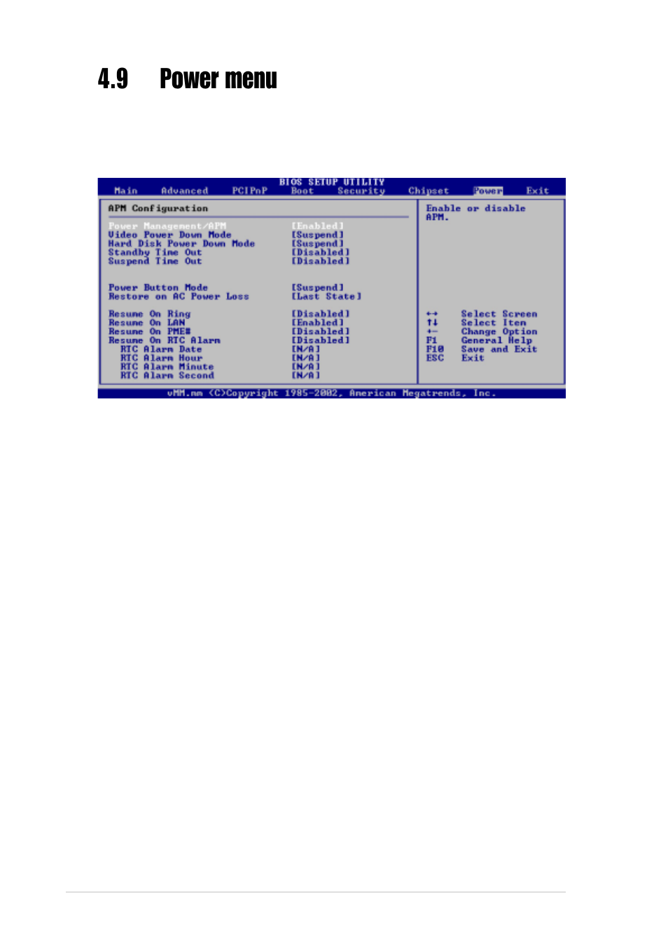 9 power menu, 1 power management/apm [enabled, 2 video power down mode [suspend | 3 hard disk power down mode [suspend, 4 standby time out [disabled | Asus AW1500-I5 User Manual | Page 86 / 116