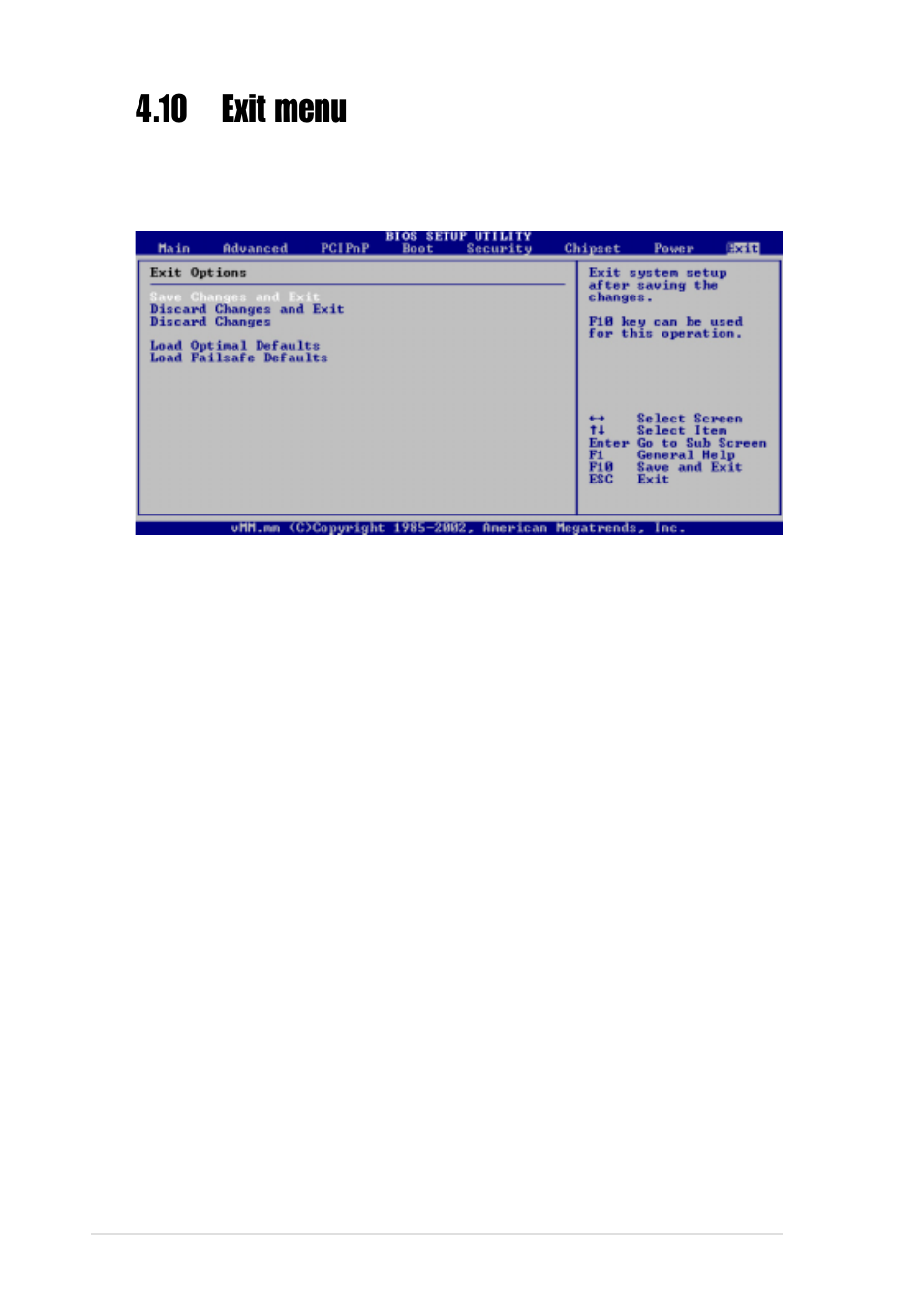 10 exit menu, 1 save changes and exit, 2 discard changes and exit | 3 discard changes, 4 load optimal defaults, 5 load failsafe defaults | Asus AW1500-I5 User Manual | Page 88 / 116
