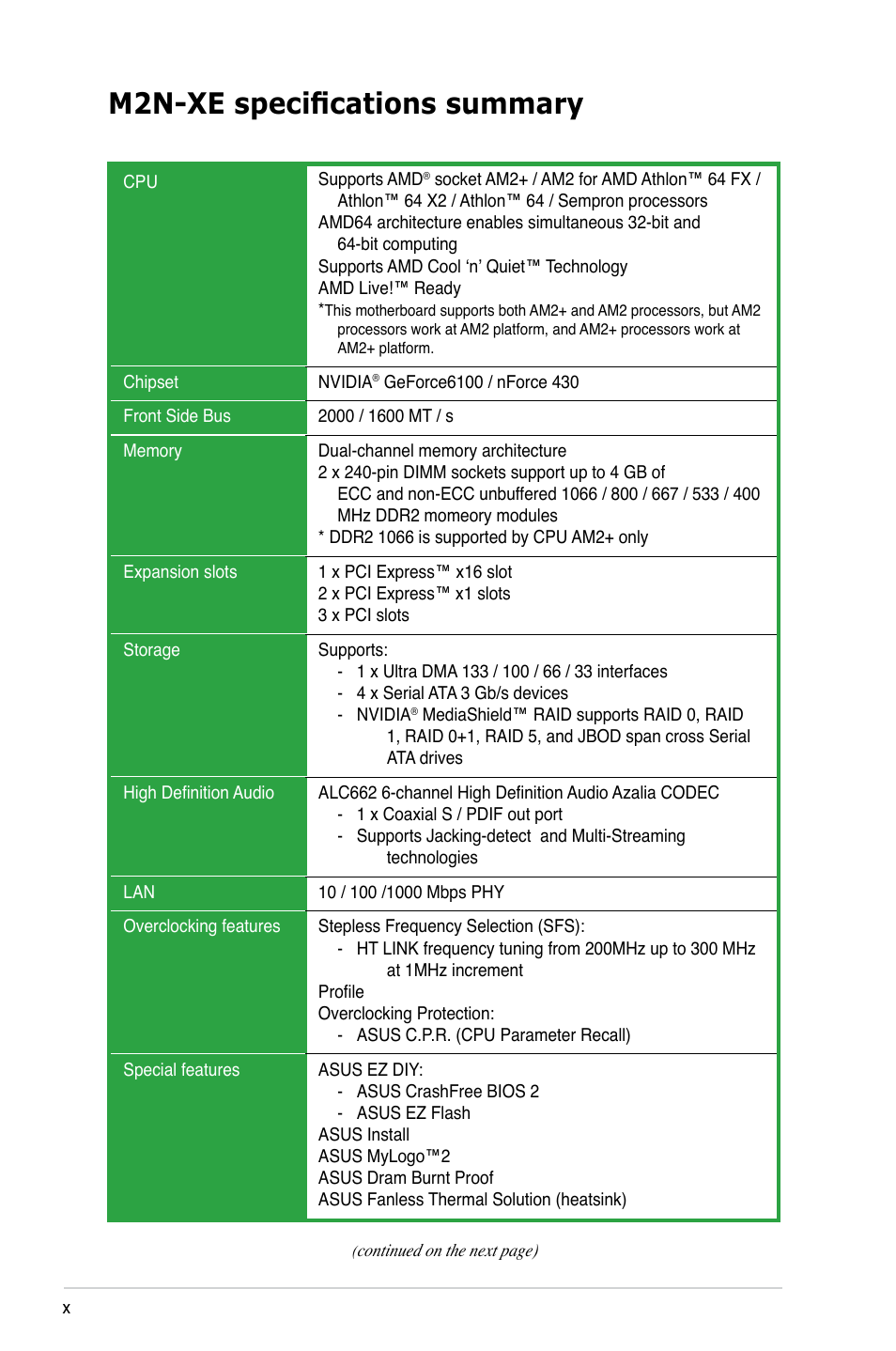 M2n-xe specifications summary | Asus M2N-XE User Manual | Page 10 / 90