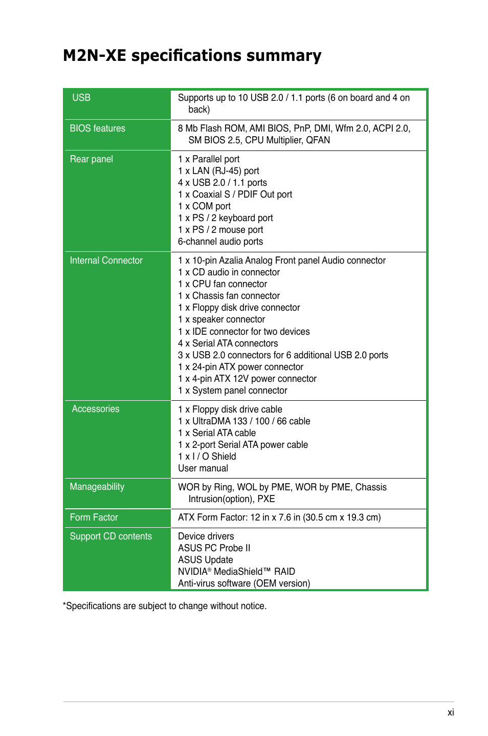 M2n-xe specifications summary | Asus M2N-XE User Manual | Page 11 / 90