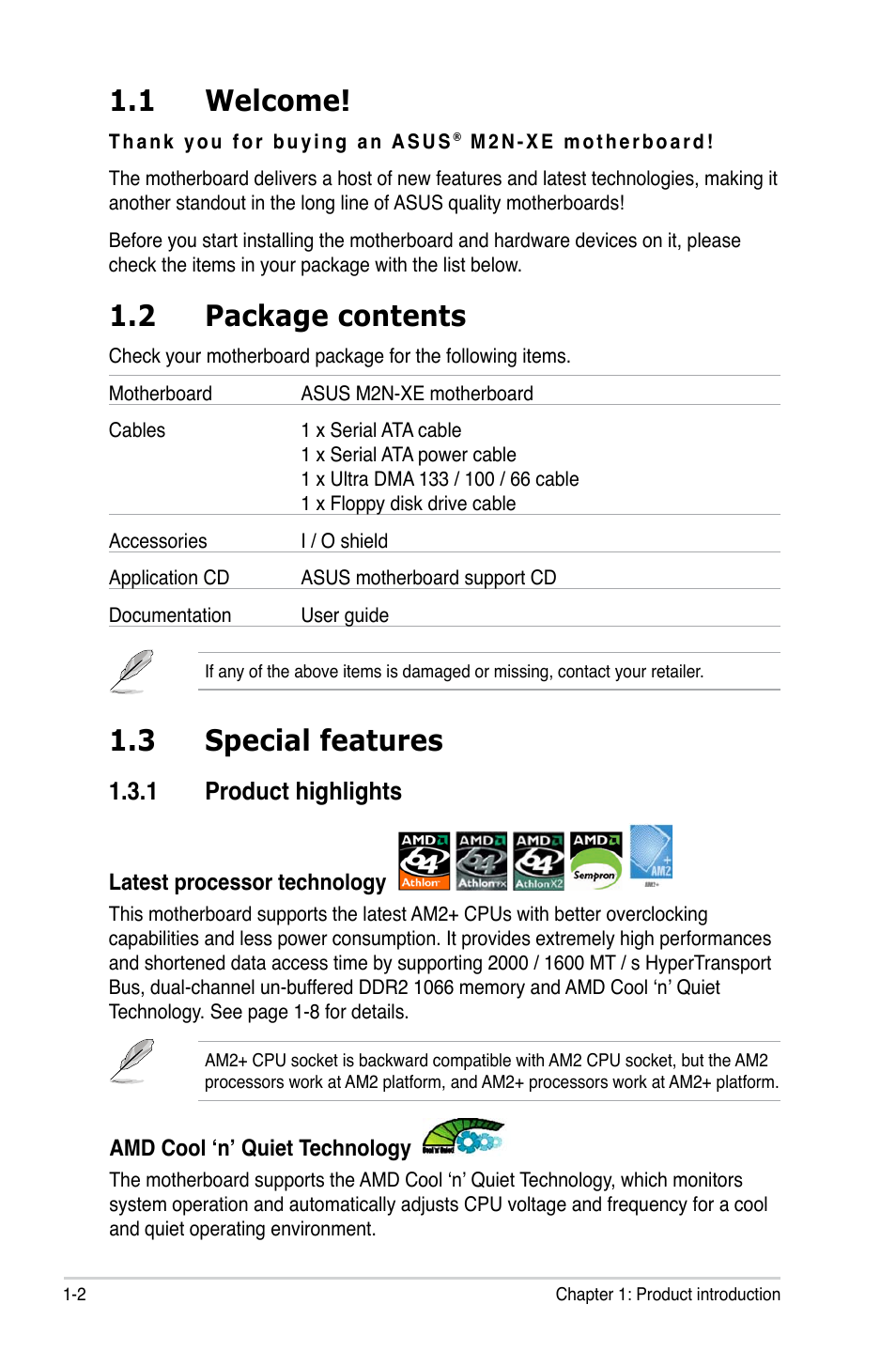 1 welcome, 2 package contents, 3 special features | 1 product highlights | Asus M2N-XE User Manual | Page 14 / 90