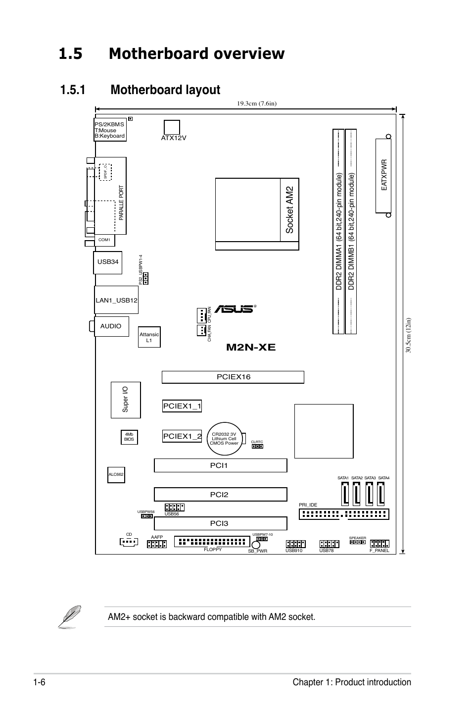 5 motherboard overview, 1 motherboard layout, 6 chapter 1: product introduction | Socket am2, Am2+ socket is backward compatible with am2 socket, M2n-xe | Asus M2N-XE User Manual | Page 18 / 90