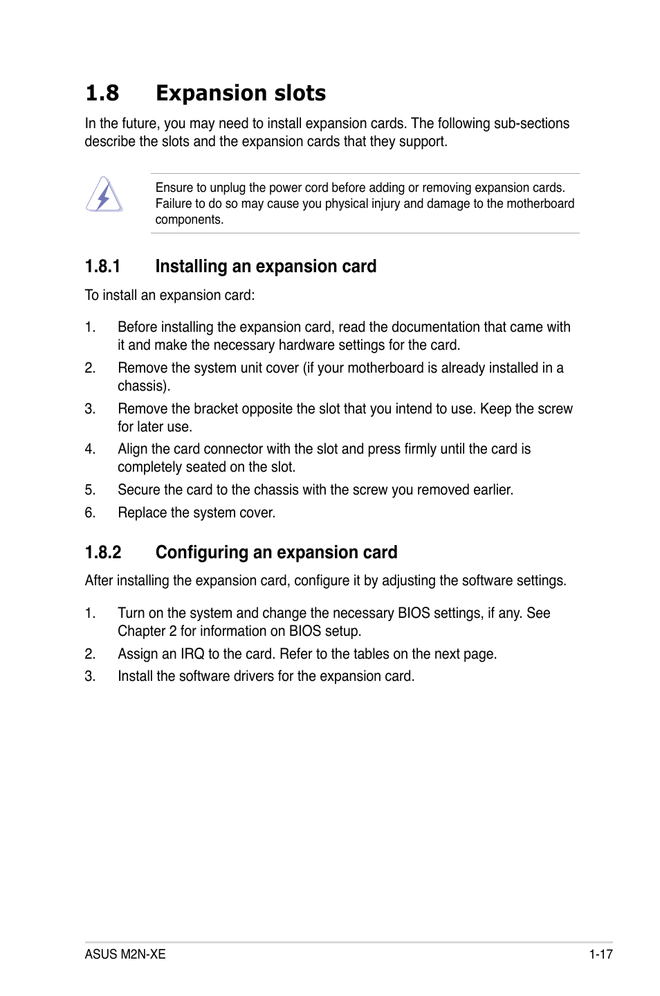 8 expansion slots, 1 installing an expansion card, 2 configuring an expansion card | Asus M2N-XE User Manual | Page 29 / 90