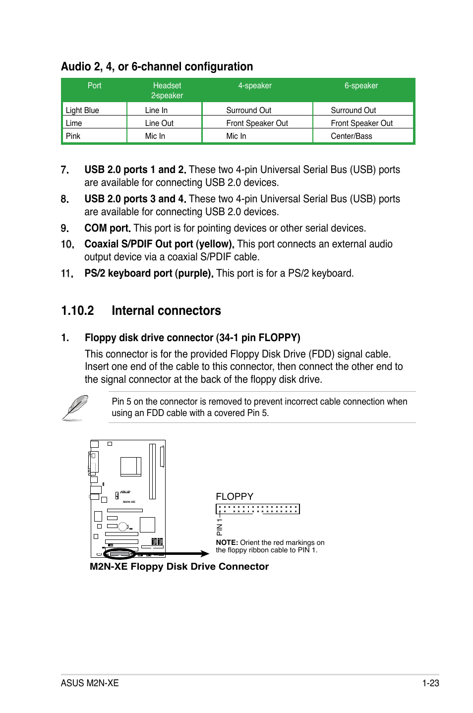 2 internal connectors, Audio 2, 4, or 6-channel configuration | Asus M2N-XE User Manual | Page 35 / 90