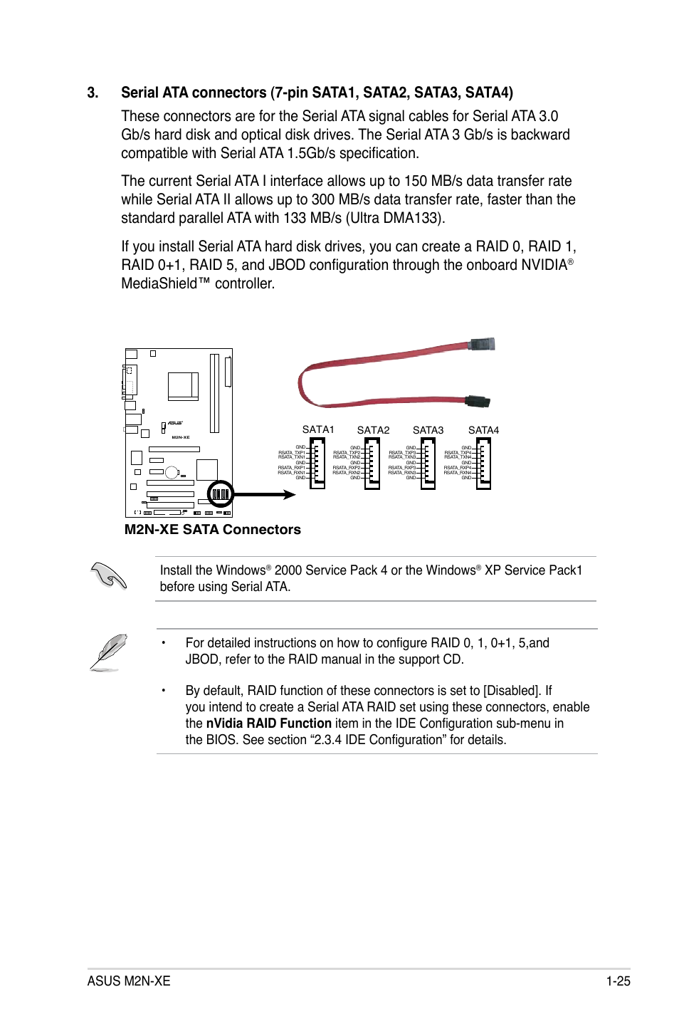 Mediashield™ controller, Asus m2n-xe 1-25, Install the windows | M2n-xe sata connectors | Asus M2N-XE User Manual | Page 37 / 90