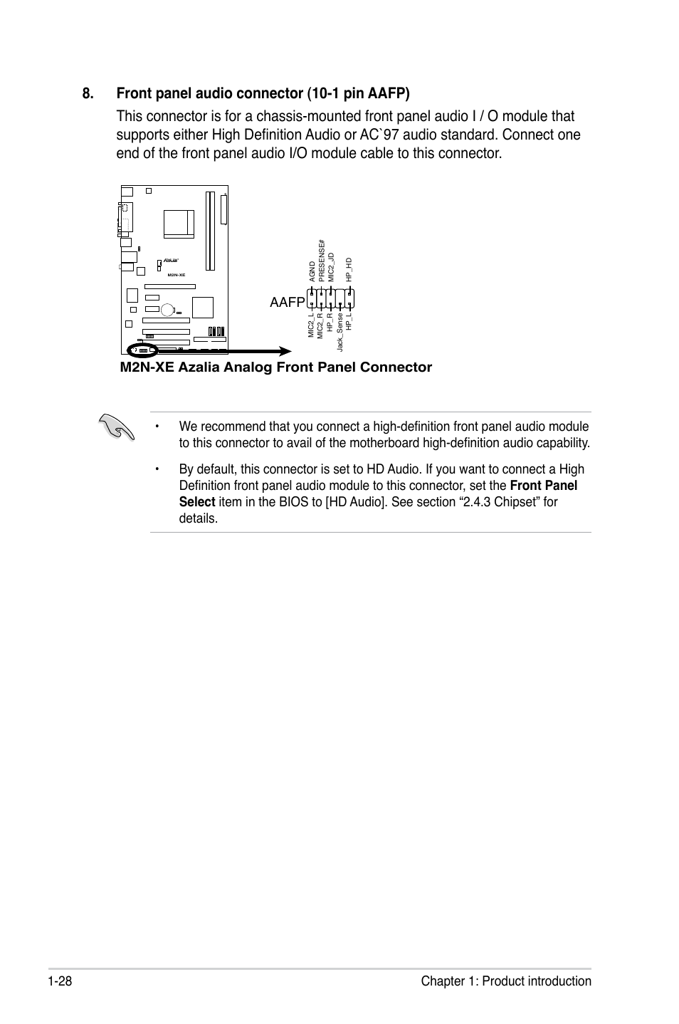 28 chapter 1: product introduction, M2n-xe azalia analog front panel connector | Asus M2N-XE User Manual | Page 40 / 90