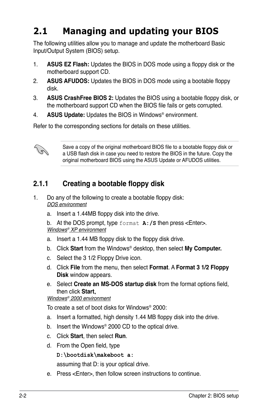 1 managing and updating your bios, 1 creating a bootable floppy disk | Asus M2N-XE User Manual | Page 44 / 90