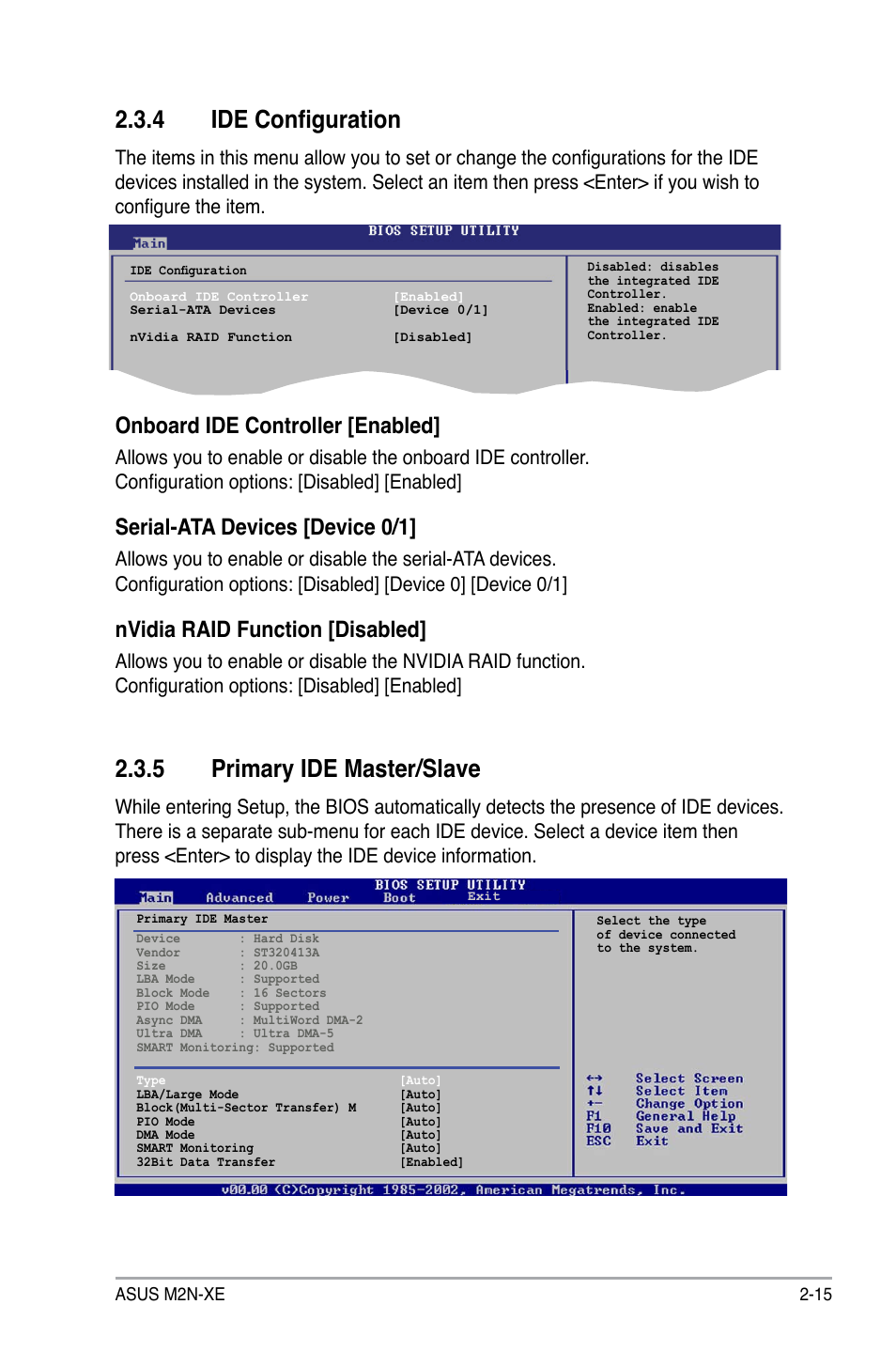 4 ide configuration, 5 primary ide master/slave, Onboard ide controller [enabled | Serial-ata devices [device 0/1, Nvidia raid function [disabled | Asus M2N-XE User Manual | Page 57 / 90