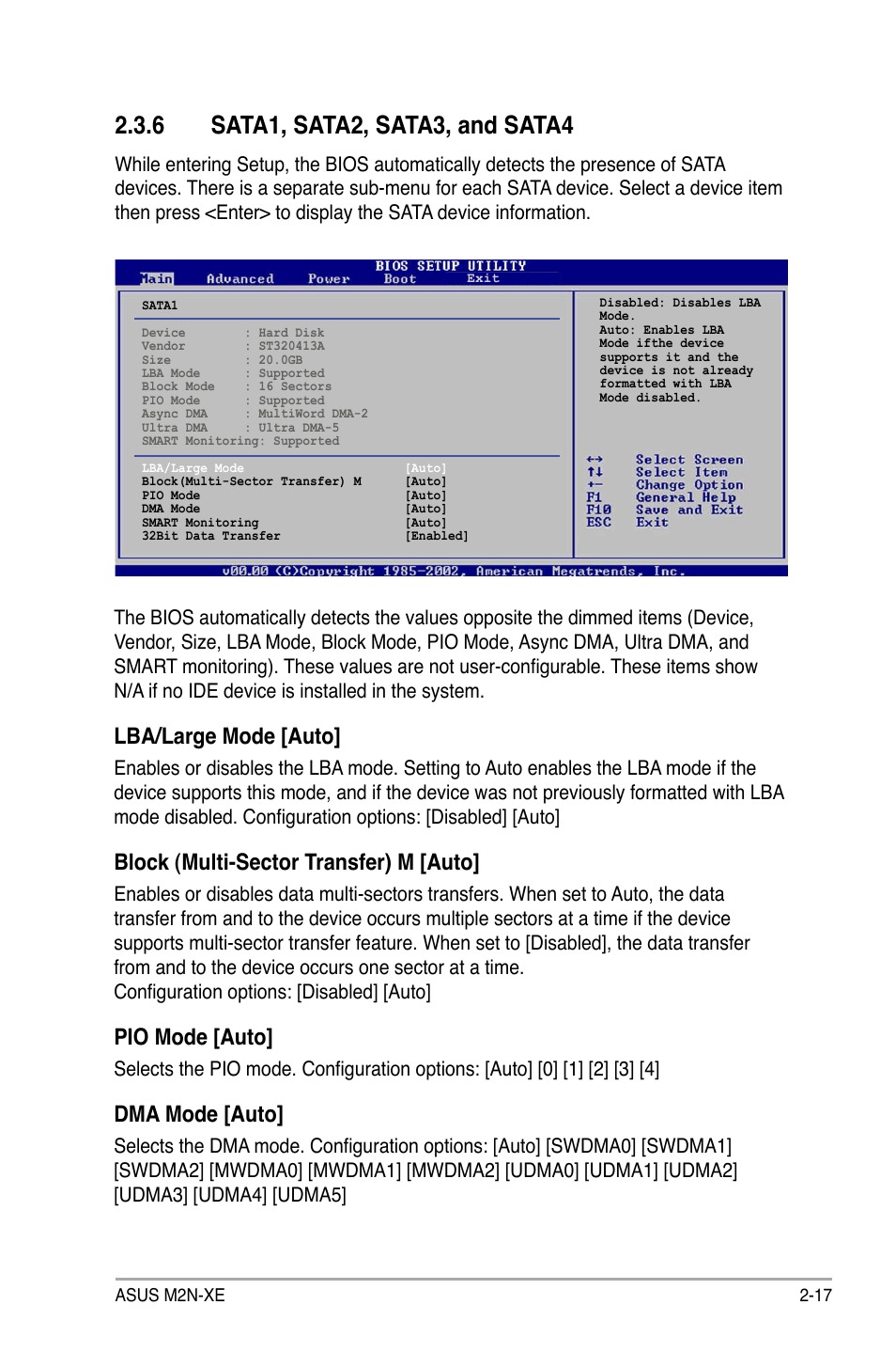 Lba/large mode [auto, Block (multi-sector transfer) m [auto, Pio mode [auto | Dma mode [auto | Asus M2N-XE User Manual | Page 59 / 90