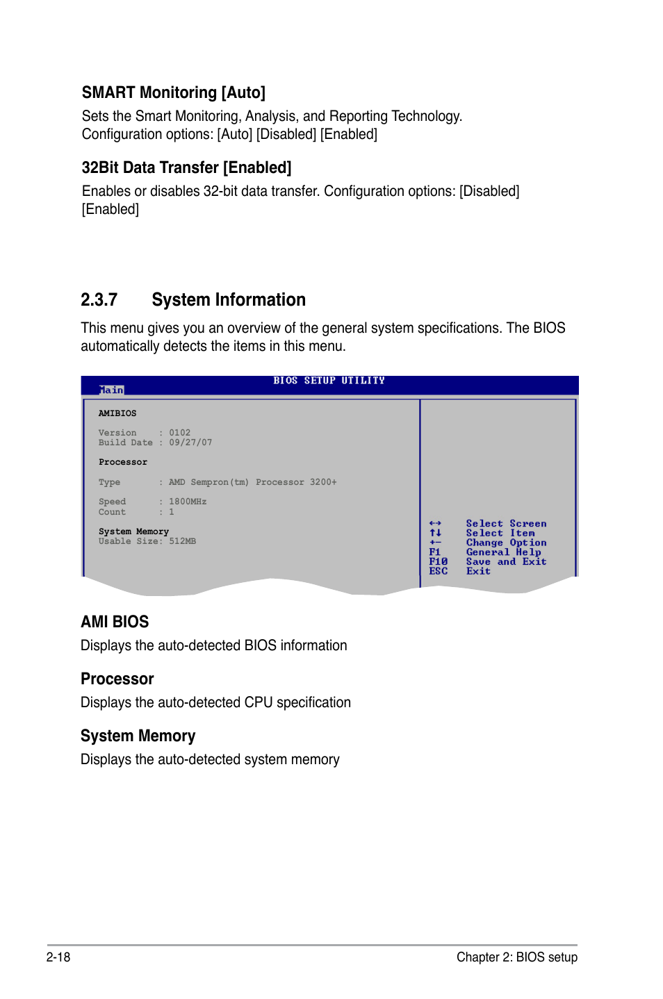 7 system information, Smart monitoring [auto, 32bit data transfer [enabled | Ami bios, Processor | Asus M2N-XE User Manual | Page 60 / 90