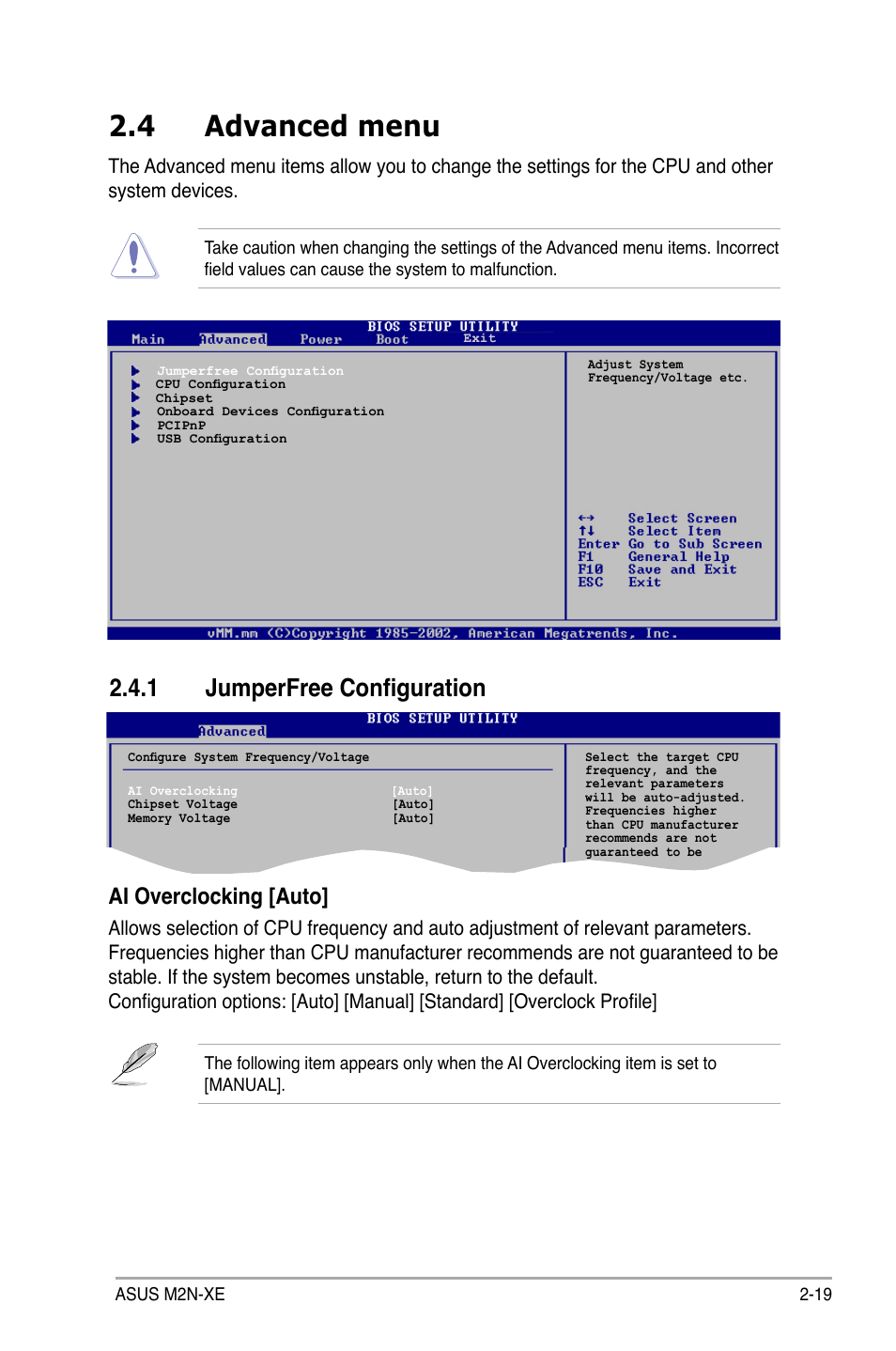 4 advanced menu, 1 jumperfree configuration, Ai overclocking [auto | Asus M2N-XE User Manual | Page 61 / 90