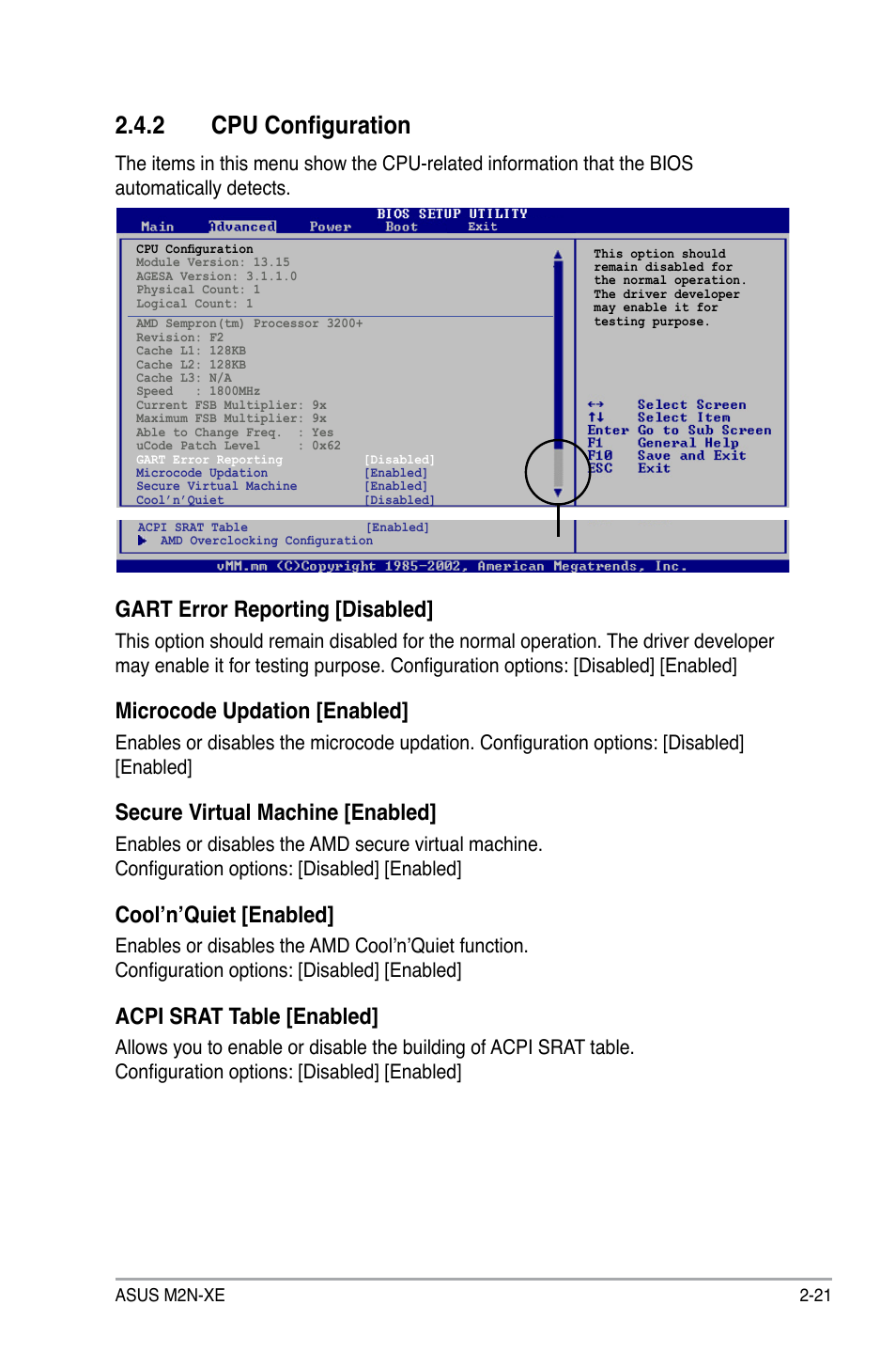 2 cpu configuration, Gart error reporting [disabled, Microcode updation [enabled | Secure virtual machine [enabled, Cool’n’quiet [enabled, Acpi srat table [enabled | Asus M2N-XE User Manual | Page 63 / 90