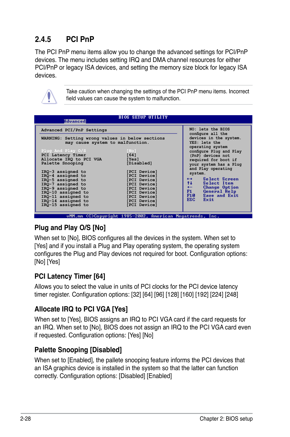 5 pci pnp, Plug and play o/s [no, Pci latency timer [64 | Allocate irq to pci vga [yes, Palette snooping [disabled | Asus M2N-XE User Manual | Page 70 / 90