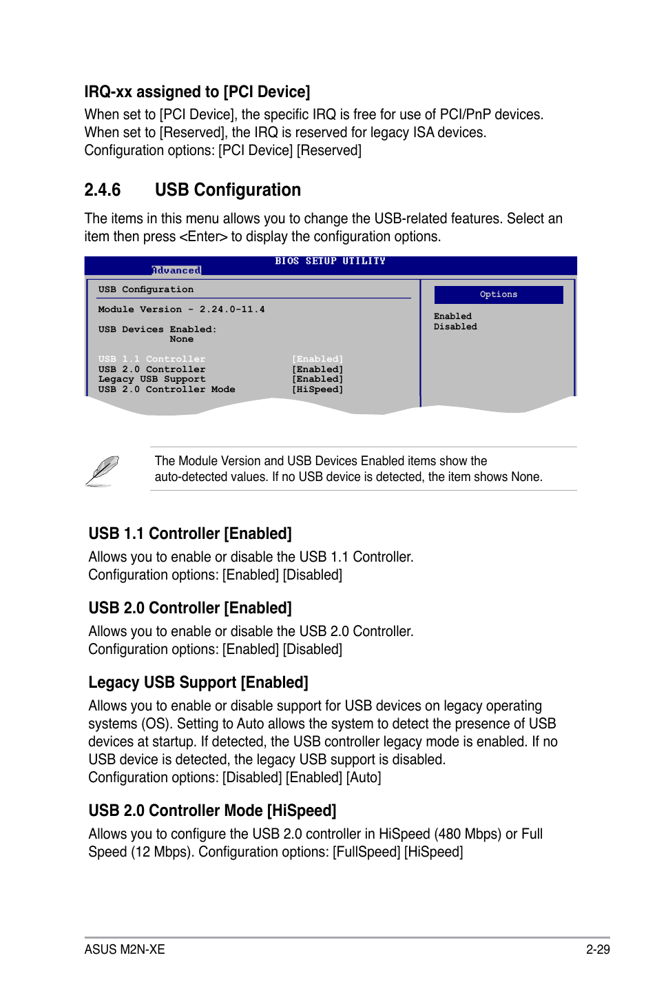 6 usb configuration, Usb 1.1 controller [enabled, Usb 2.0 controller [enabled | Legacy usb support [enabled, Usb 2.0 controller mode [hispeed, Irq-xx assigned to [pci device | Asus M2N-XE User Manual | Page 71 / 90