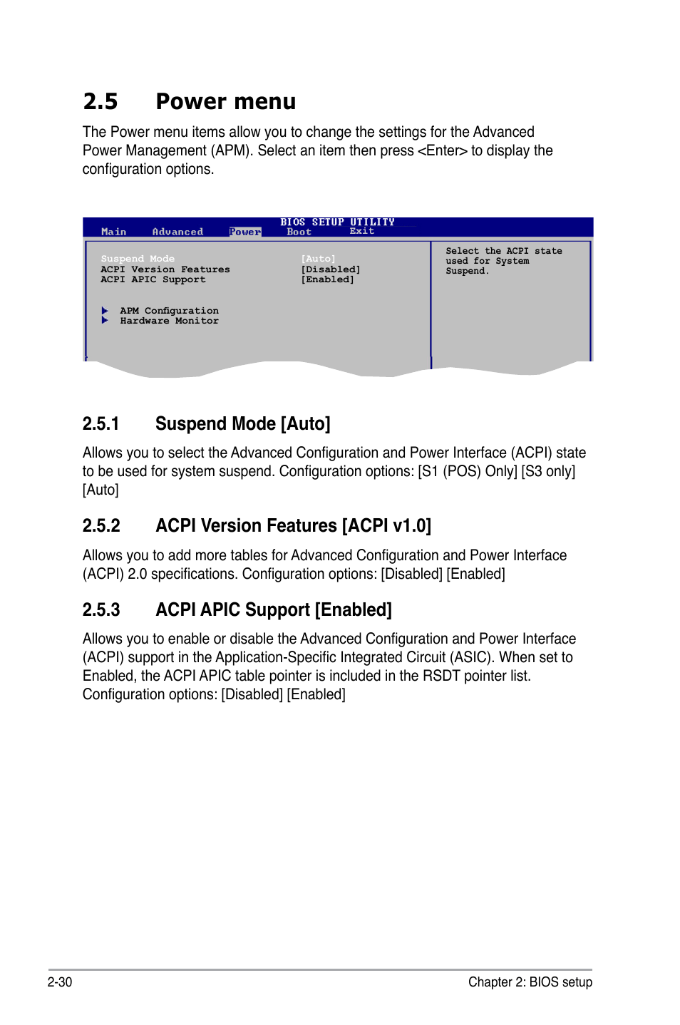 5 power menu, 1 suspend mode [auto, 2 acpi version features [acpi v1.0 | 3 acpi apic support [enabled | Asus M2N-XE User Manual | Page 72 / 90