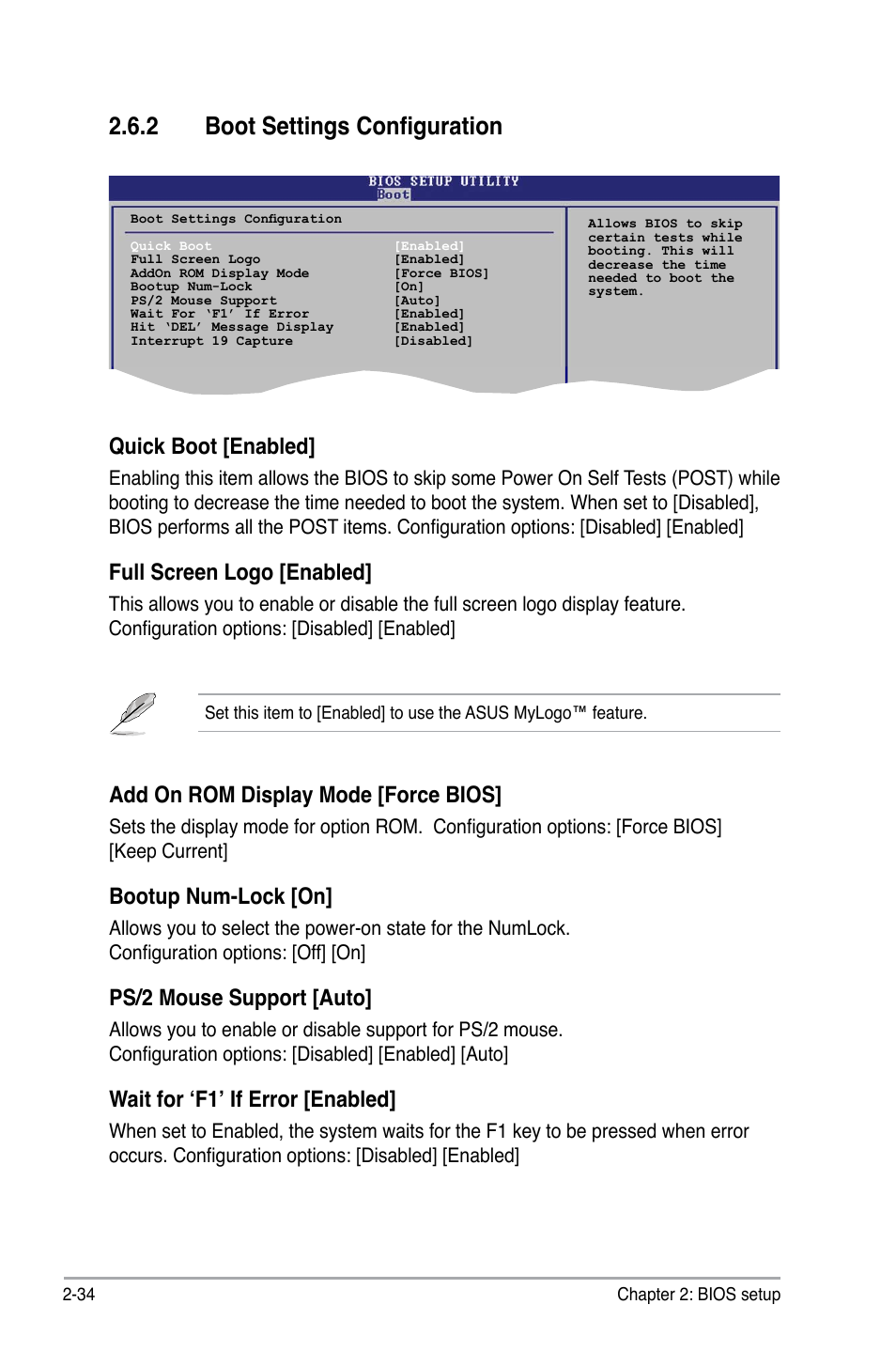 2 boot settings configuration, Quick boot [enabled, Full screen logo [enabled | Add on rom display mode [force bios, Bootup num-lock [on, Ps/2 mouse support [auto, Wait for ‘f1’ if error [enabled | Asus M2N-XE User Manual | Page 76 / 90