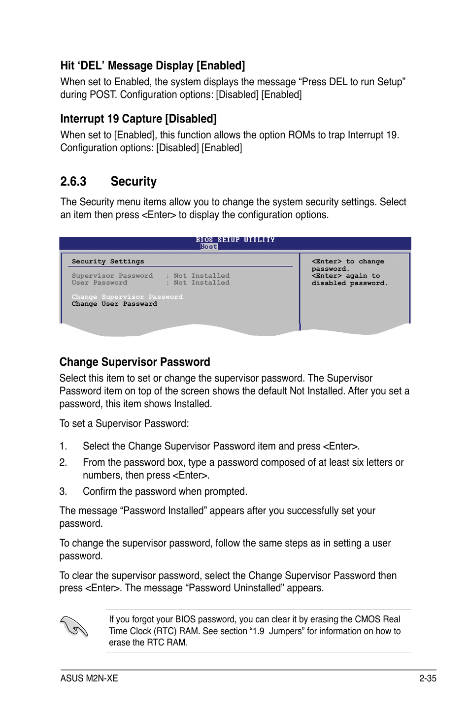 3 security, Hit ‘del’ message display [enabled, Interrupt 19 capture [disabled | Change supervisor password | Asus M2N-XE User Manual | Page 77 / 90