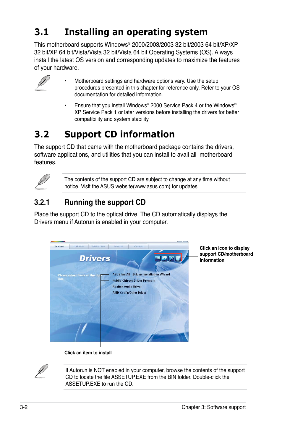 1 installing an operating system, 2 support cd information, 1 running the support cd | Asus M2N-XE User Manual | Page 82 / 90