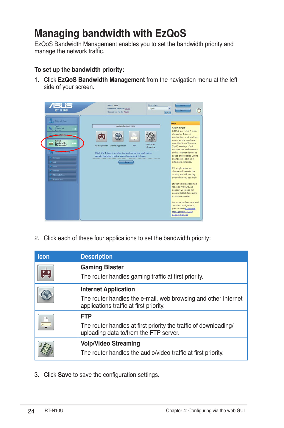 Managing bandwidth with ezqos | Asus RT-N10U User Manual | Page 24 / 60