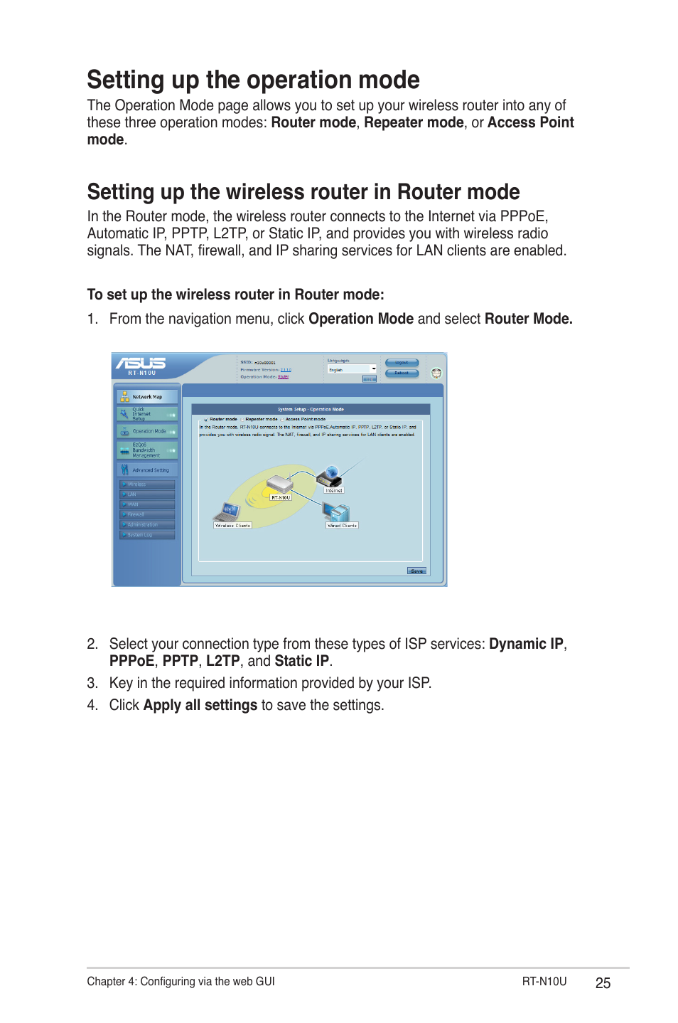 Setting up the operation mode, Setting up the wireless router in router mode | Asus RT-N10U User Manual | Page 25 / 60