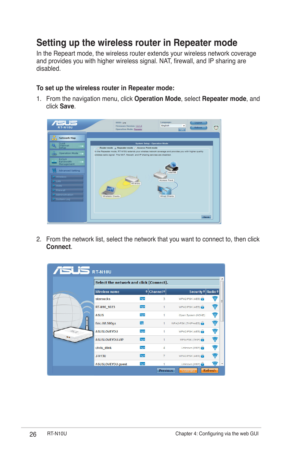 Setting up the wireless router in repeater mode | Asus RT-N10U User Manual | Page 26 / 60