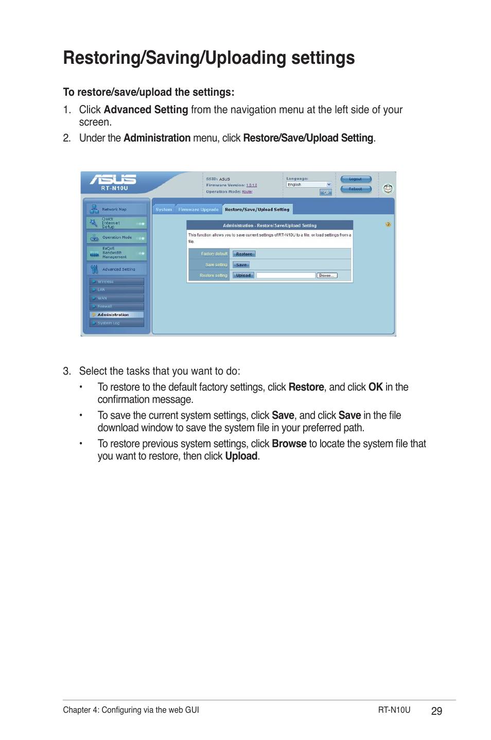 Restoring/saving/uploading settings | Asus RT-N10U User Manual | Page 29 / 60
